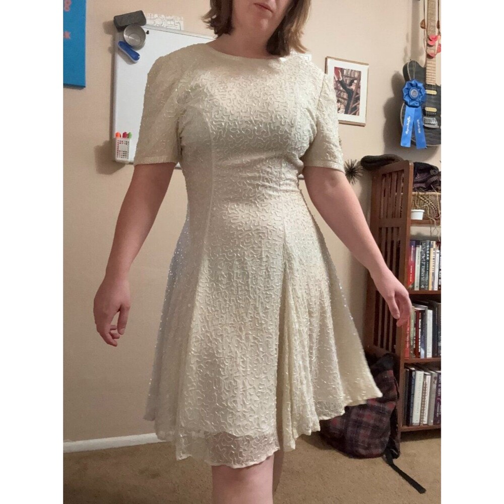 80s Vintage White Beaded A-Line Cocktail Dress Wedding Large - Picture 2 of 7